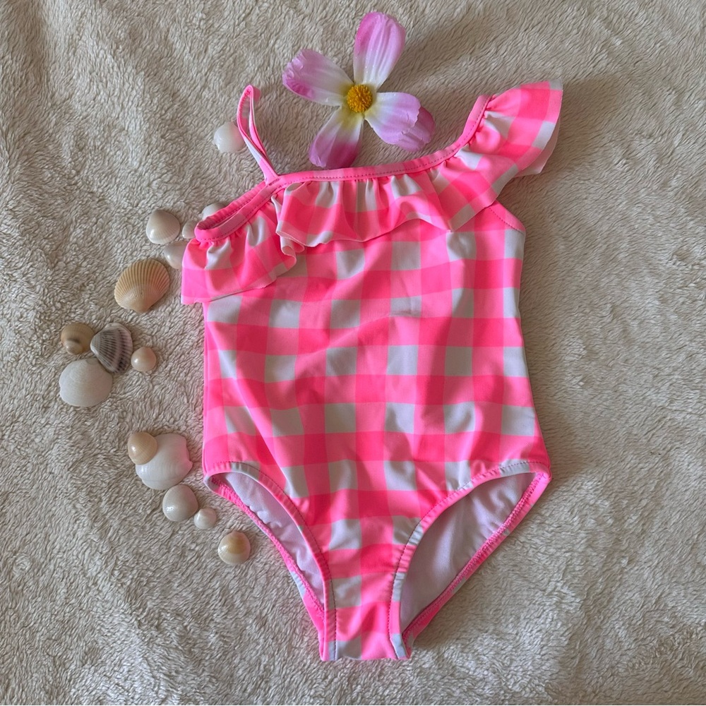 Carter's One piece Swimsuit Size 4 pink and white classic grid style
